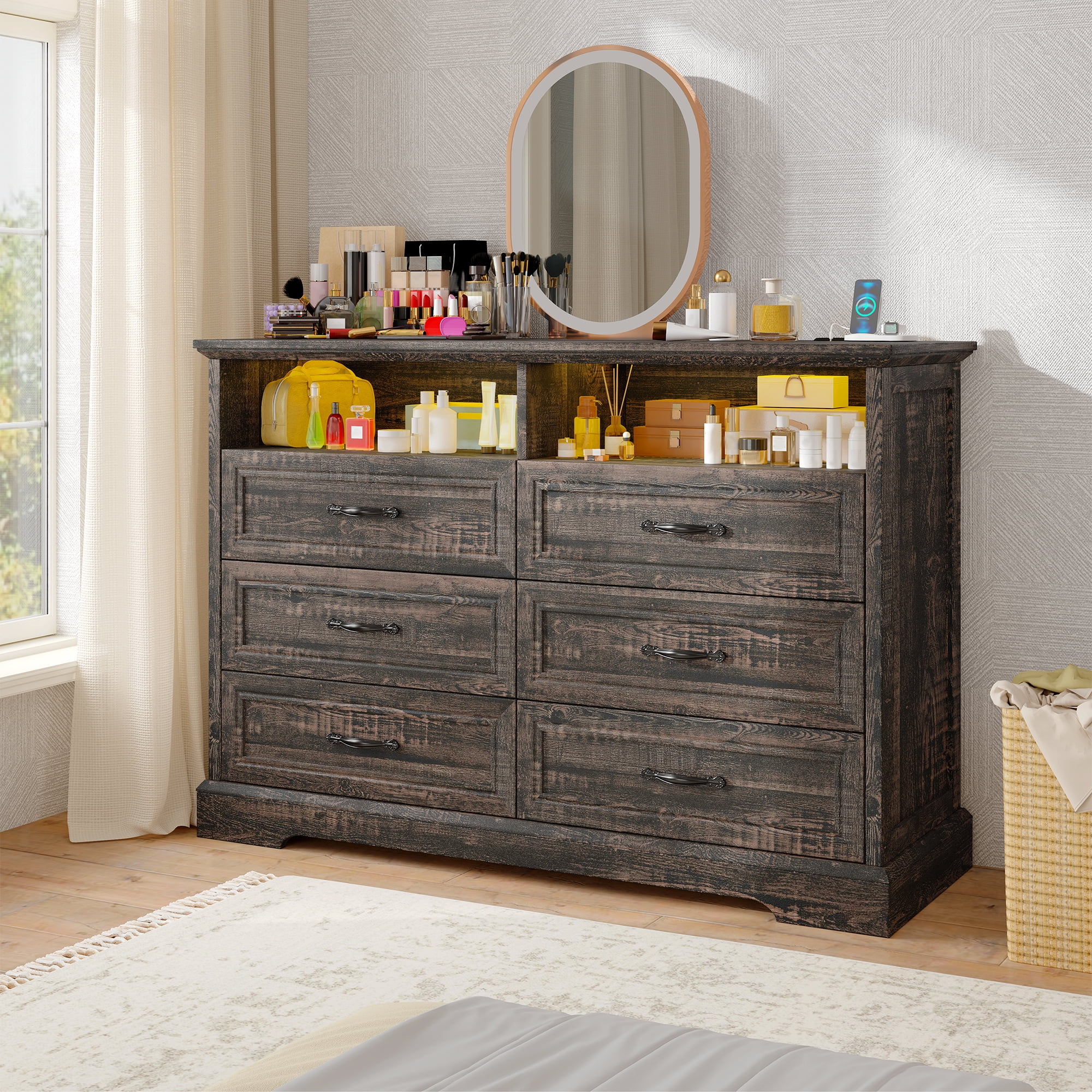 6 Drawer Dresser with LED Lights Chest of Drawers for Bedroom Farmhouse Dresser with Charging Station & Storage Shelf