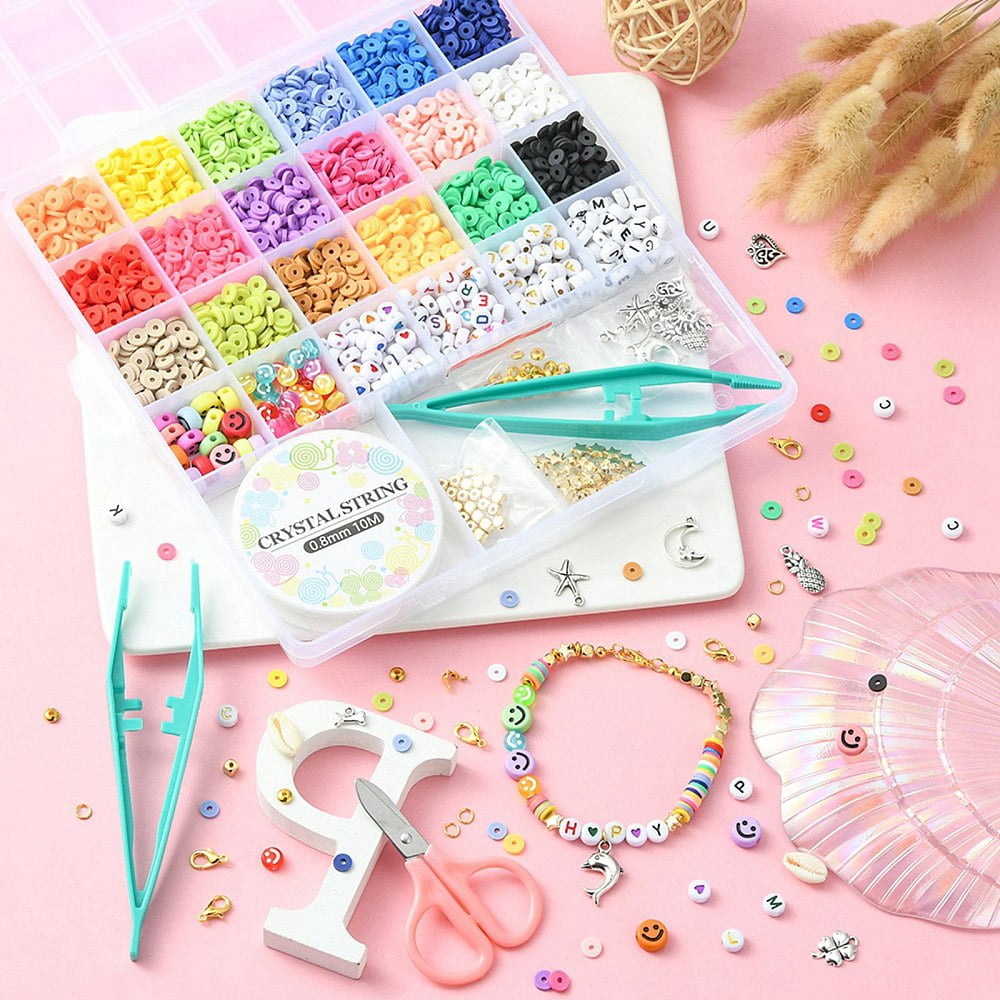 DIY Heishi Surfer Bracelet Necklace Making Kit Including Polymer Clay Disc Acrylic Letter Plastic Star Natural Shell Beads Mixed Color 3474Pcs/box
