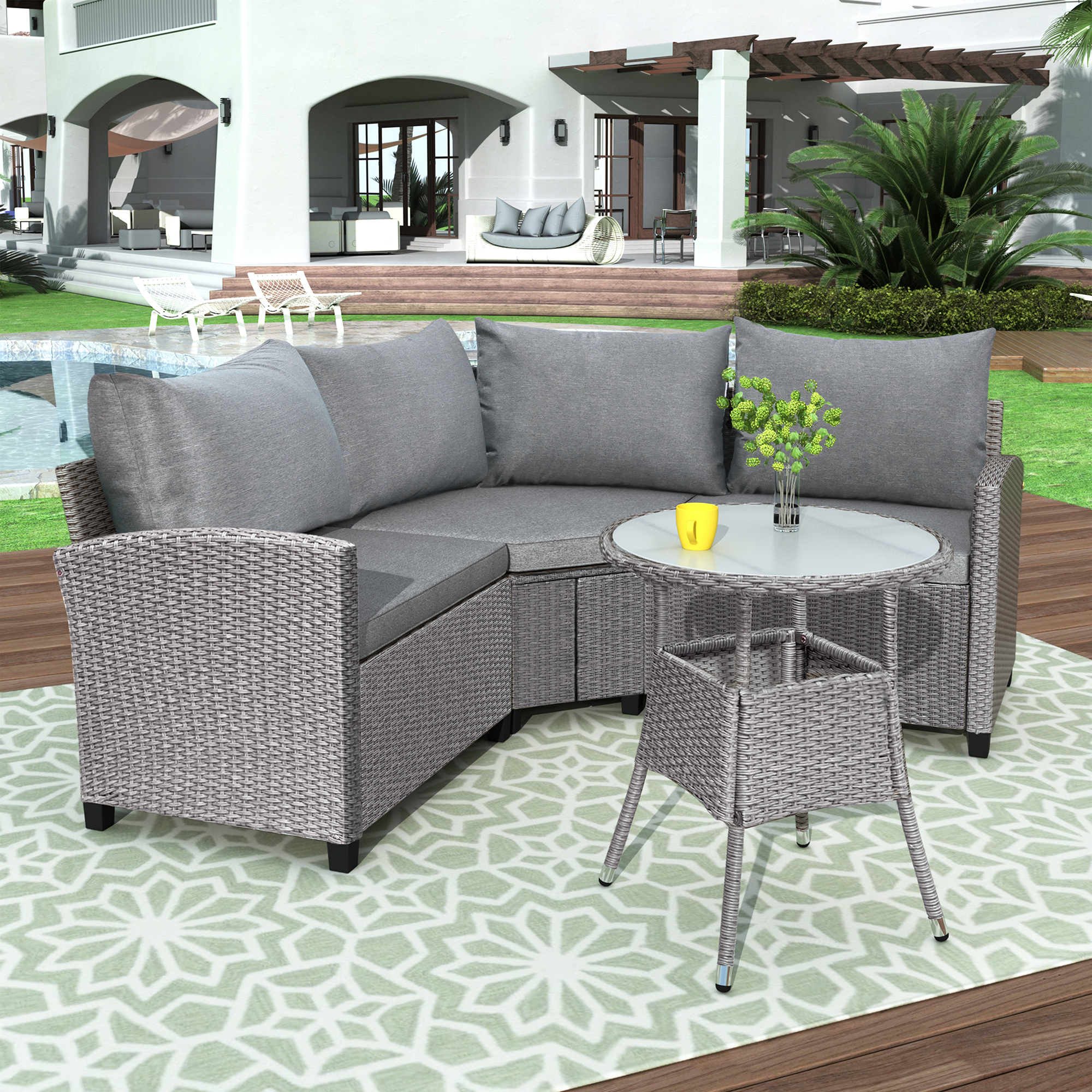 Clearance! Outdoor Bistro Conversation Set, Patio Wicker Sofa Set with Removable Cushions, Modern Outdoor Sectional Sets with Round Glass Coffee Table for Pool Garden Backyard, 650lbs, Gray, S1998 - image 2 of 9