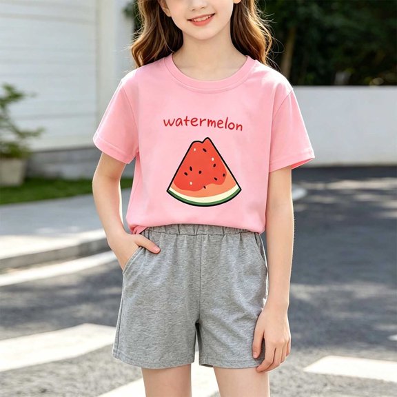 Amidoa Girls Summer Outfit Sets 2 Piece Graphic T-Shirt Short Sleeve and Casual Pants Set Kids Clothing Sets Pink Size 10