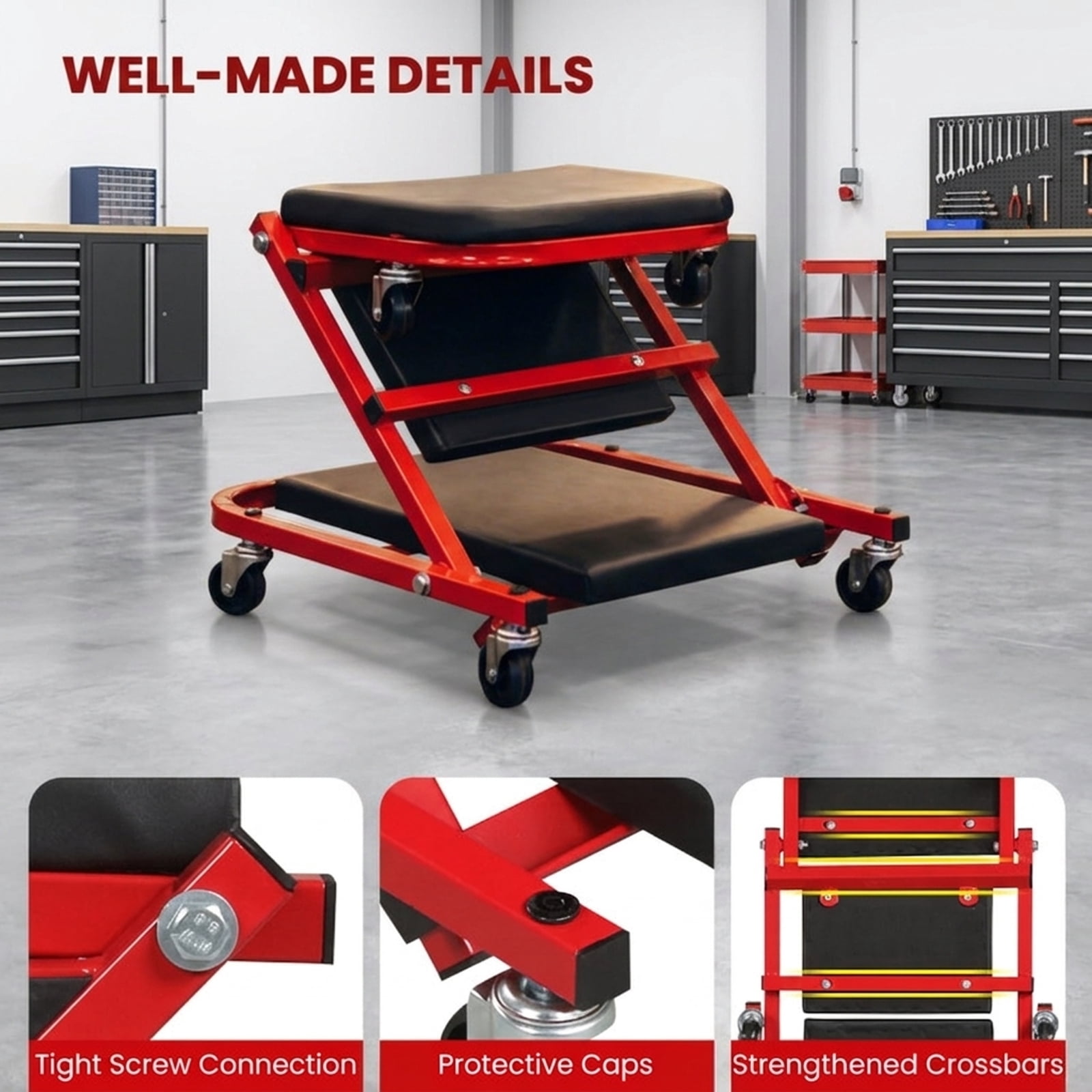 Biotree 2-in-1 Z-Shaped Rolling Garage Stool 36 Inch Folding Automotive Creeper 400 lbs - Red