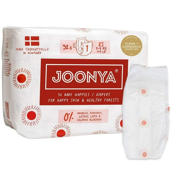 Joonya Baby Diapers - NonToxic, Eco-Friendly, Ultra Slim, Overnight Use - Bulk Disposable Eco Diapers - Made in Denmark - Size 1 XS (4-9 lb) - 1 Bag of 32