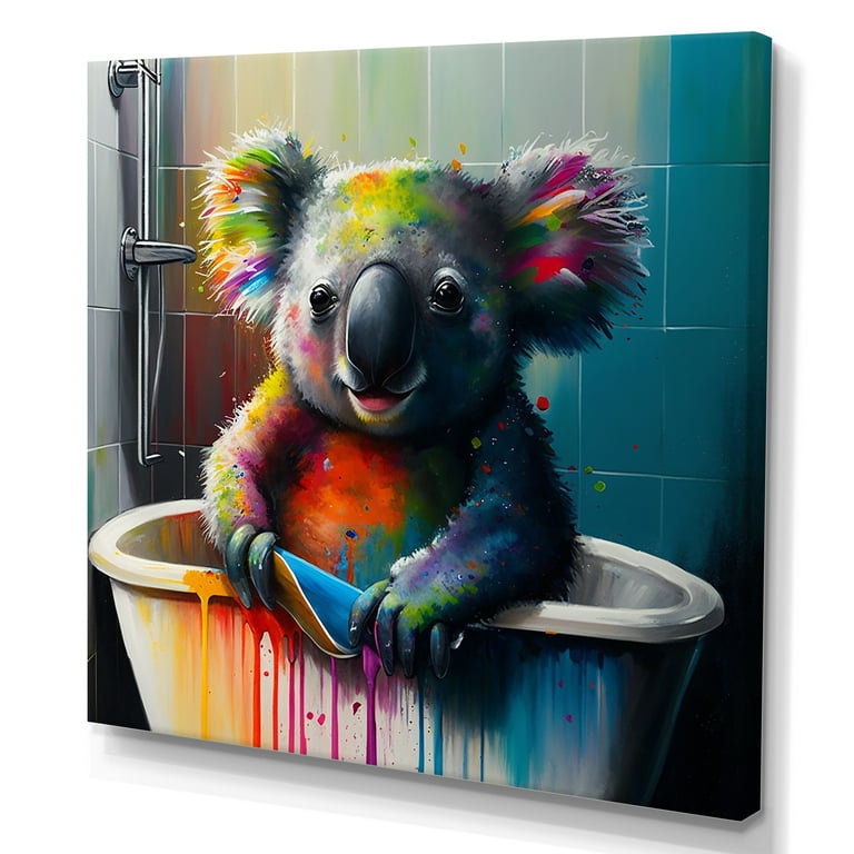 Designart Funny Colorful Koala Splashing In The Tub Canvas Wall Art 