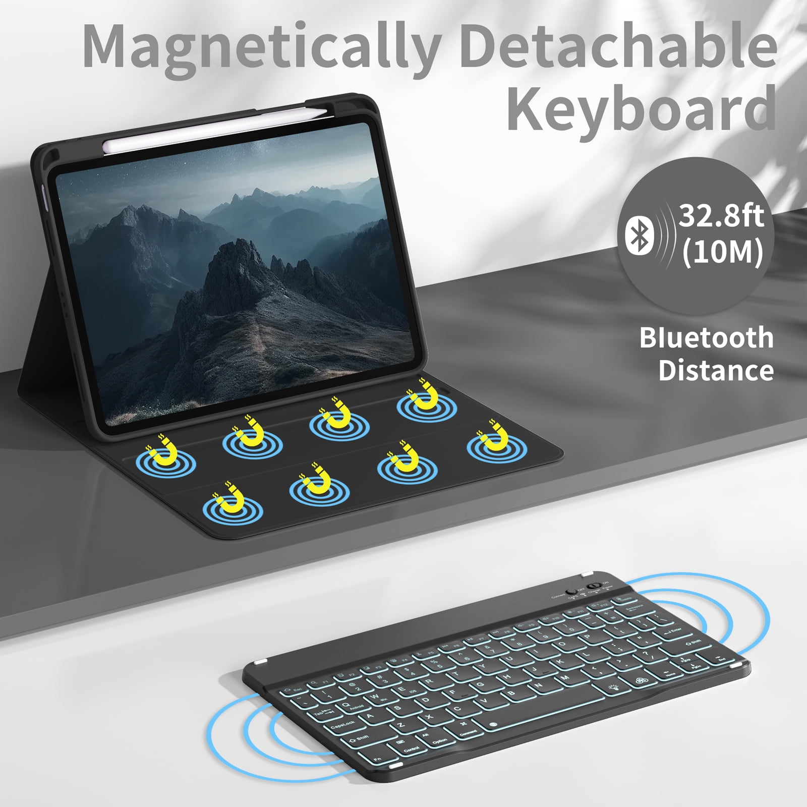 Kenke Case iPad (A16) 11th Generation 11 inch 2025,for iPad 10th Generation 10.9 Inch 2022 with Keyboard - 7 Colors Backlit Wireless Detachable, with Pencil Holder Keyboard Case, (Black)