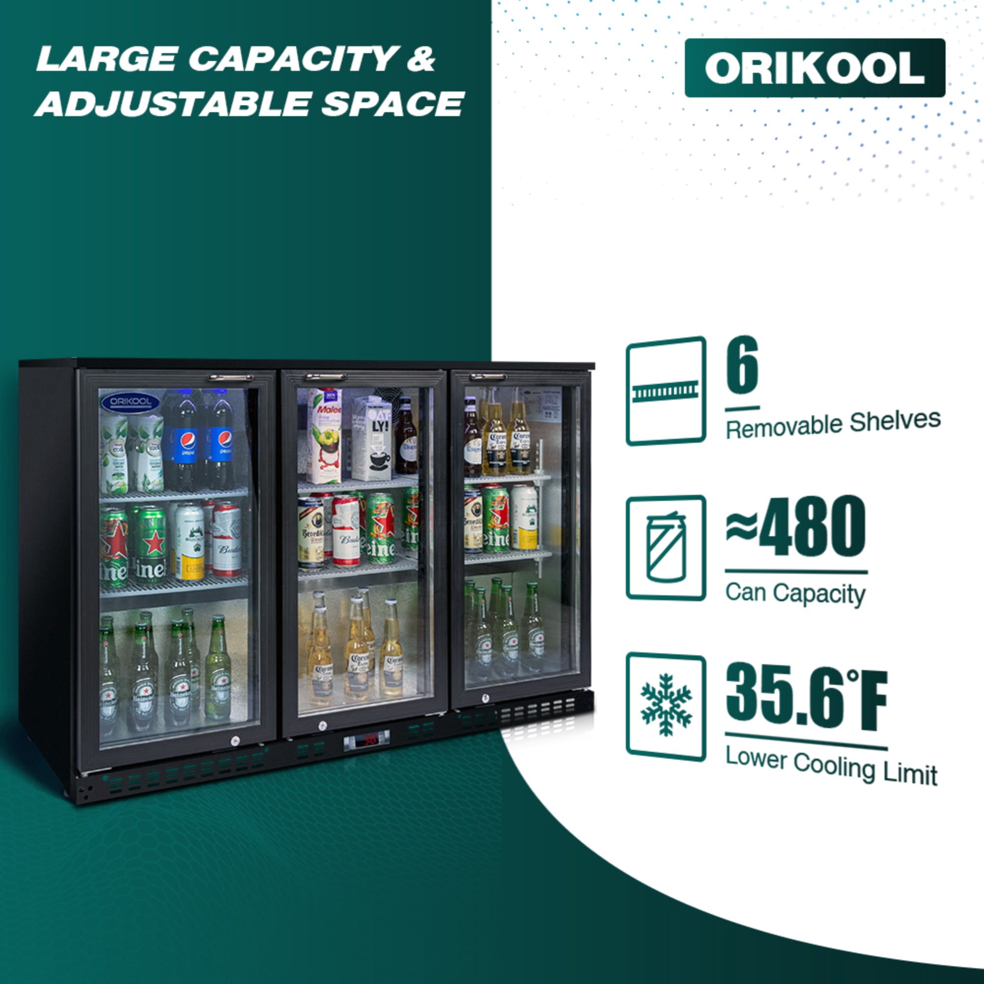 Beverage Refrigerators Cooler  53 inch 3 Glass Door Back Bar, 480 Cans Commercial Display Bar Fridge for Beer Wine and Drink 11.3 Cu.Ft