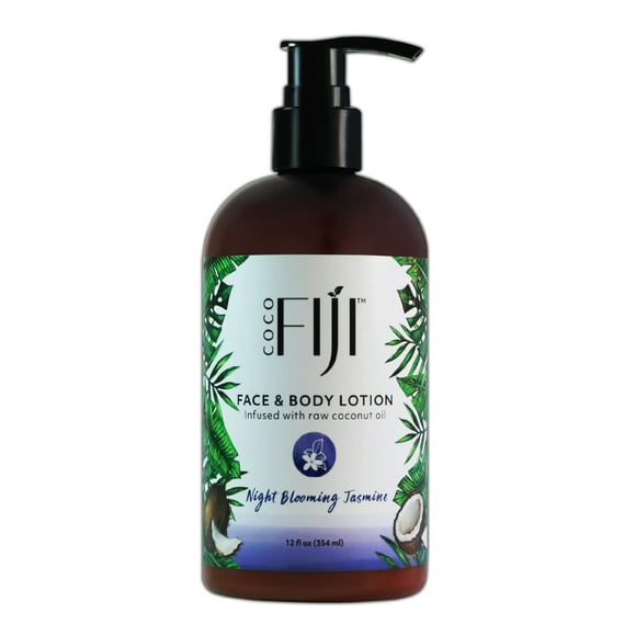 Loción facial y corporal Coco Fiji con aceite de coco | Loción para Piel Seca | Crema facial hidratante y loción de masaje para mujeres y hombres | Jazmín floreciente nocturno, 12 oz, paquete de 1