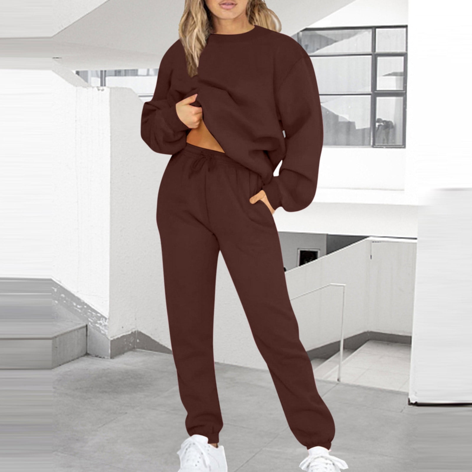 Hfyihgf Plus Size Women Pullover Hoodie Tracksuit Two Piece Sets Pockets  Sweatpants Sport Jogger Sweatsuit Solid Color Sportswear(Khaki,XXL) 