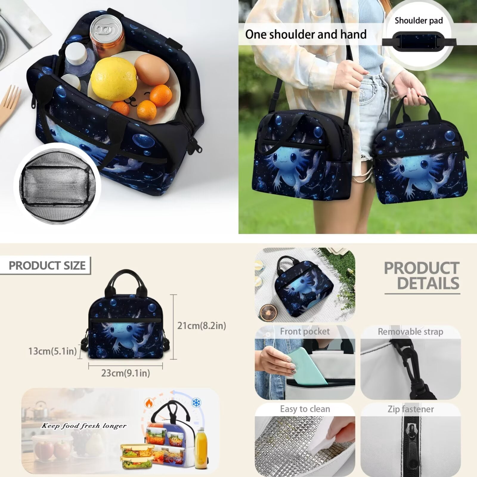 Pzuqiu Blue Axolotl Cute Backpack for School 17 Inch 4 Piece Back Pack for Girls with Lunch Box Pencil Case 2pcs Bookmark Rucksack Travel Backpacks for Kids Student Bag