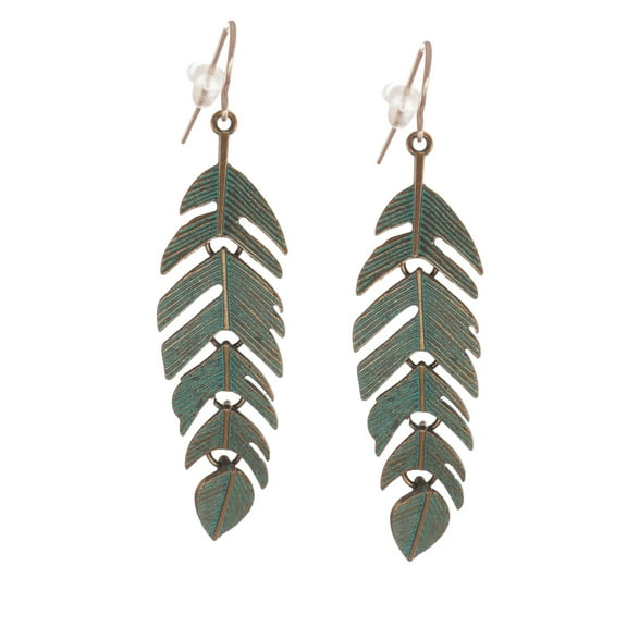 Copper Patina Leaf Drop Boho Statement Earrings, Rose Gold Ear Wires