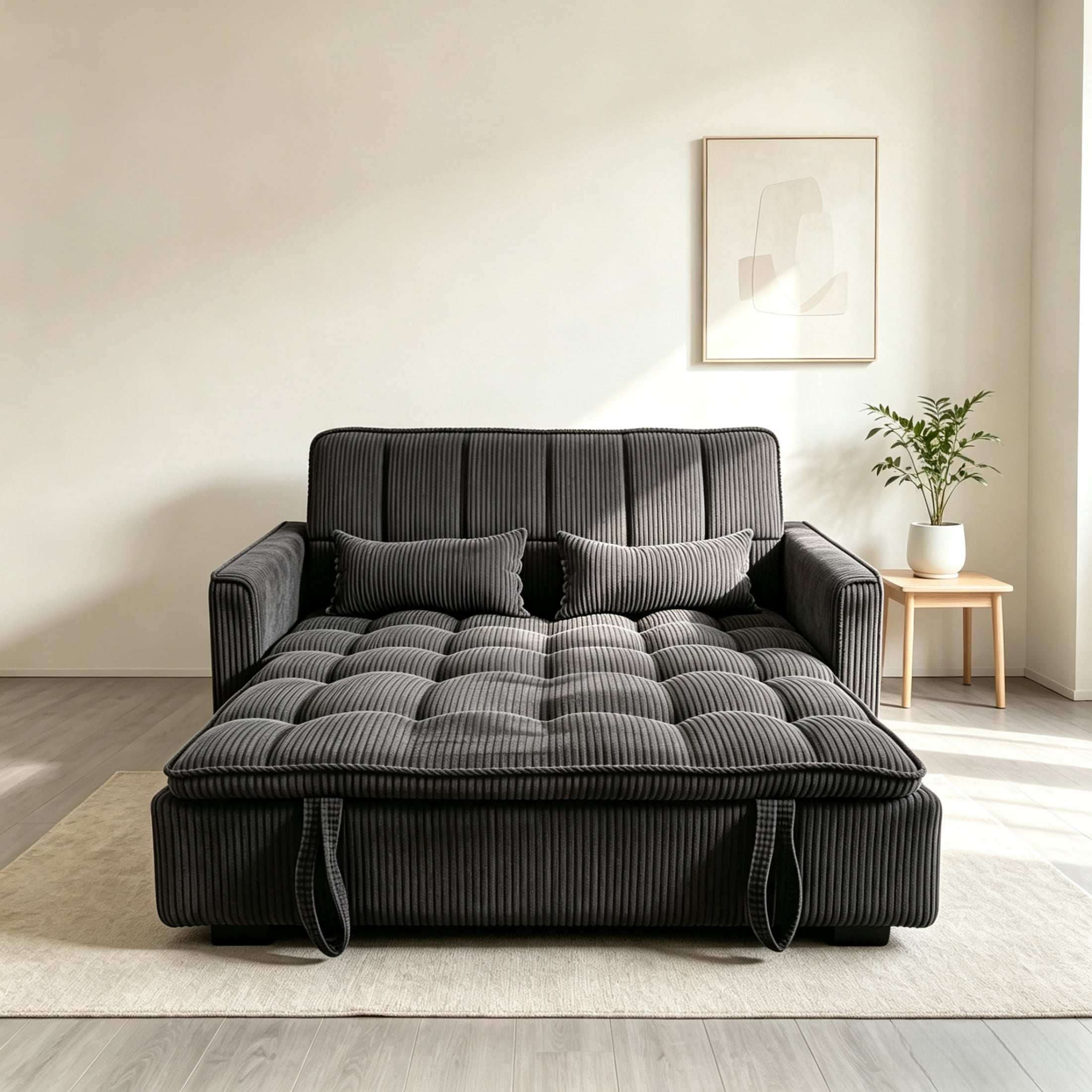 Anpport 55" Striped Corduroy Loveseat, Convertible Sleeper Sofa Bed for Small Spaces, Dark Gray
