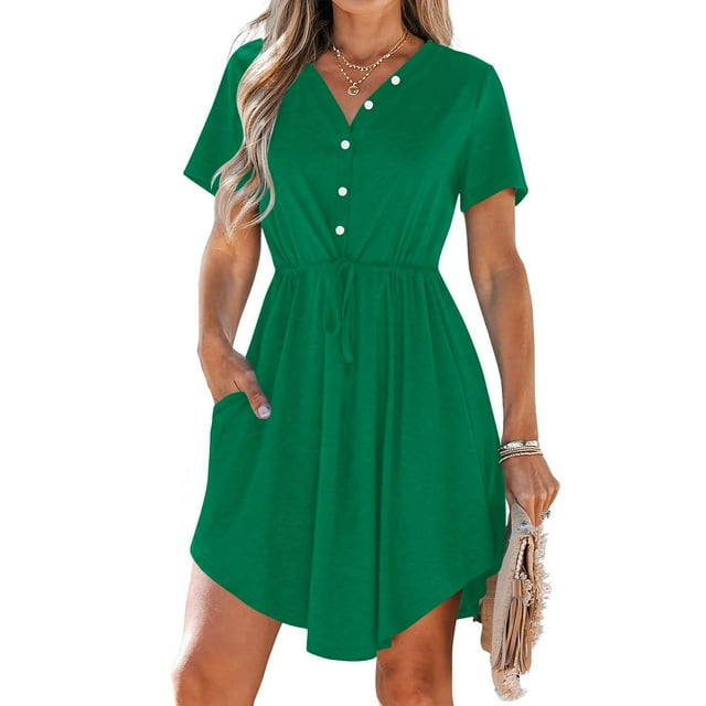 LOVZFMLL Robe d'Été Décontractée pour Femme à Manches Courtes, Col en V, Boutonnée, Robe de Plage pour Vacances et Voyages avec Poches, Vert, A S
