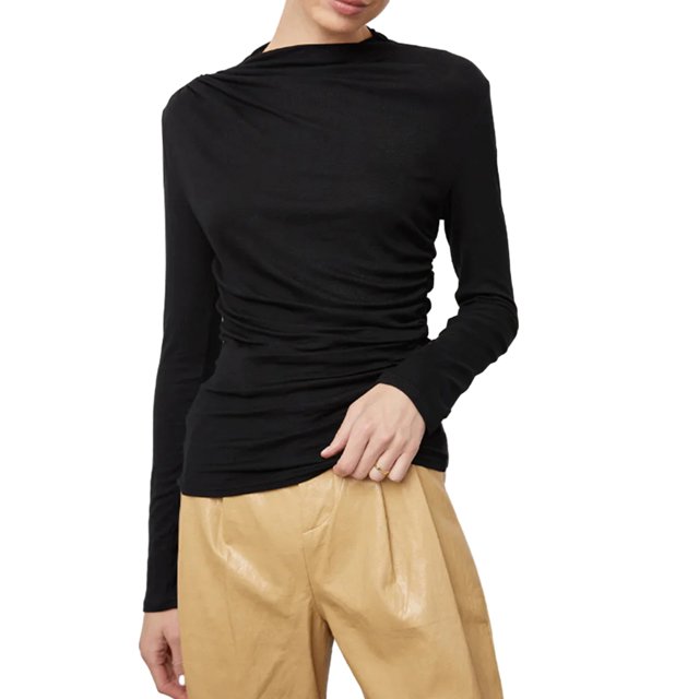 xiaxaixu Femmes Asymétrique Froncé Tops Manches Longues Col Rond Couleur Unie T-Shirts Chemisiers Streetwear