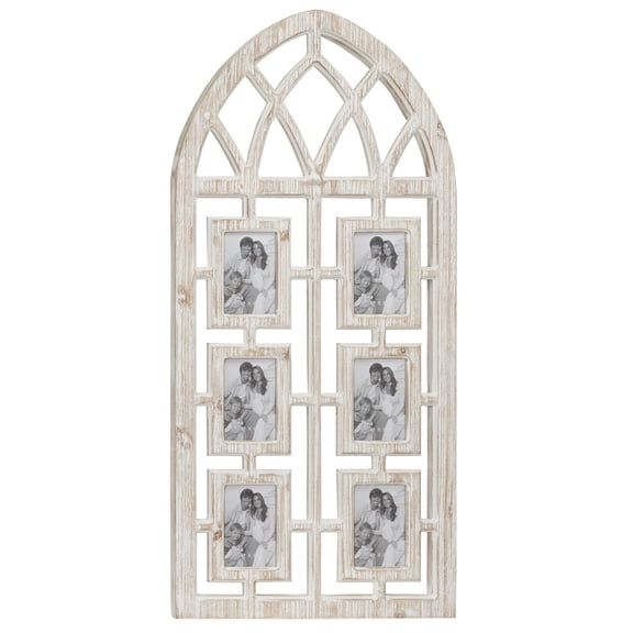 DecMode Vintage Wood Window Arch Shape 6 Slot Wall Photo Frame with Light Brown/White Finish, 19"W x 41"H