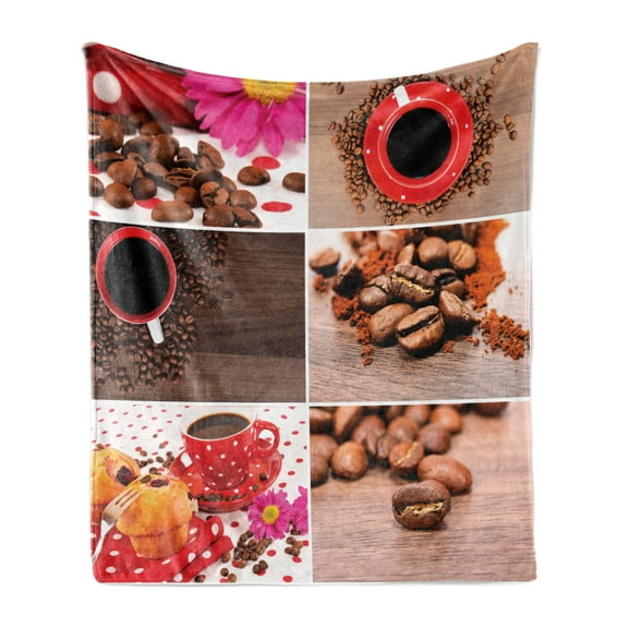 Coffee Soft Flannel Fleece Blanket, Coffee Themed Collage of Mugs Polka Dots Flowers Beans Muffins Close up Photography, Cozy Plush for Indoor and Outdoor Use, 50" x 60", Brown Red, by Ambesonne