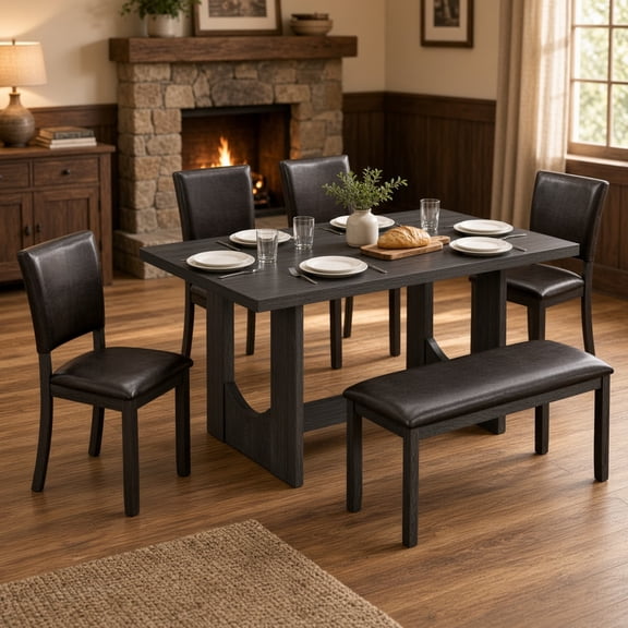 6-Piece Dining Table Set with Bench, Modern Farmhouse Kitchen Table & PU Leather Chairs, Wood Rectangular Dining Set with U-Shaped Base for Dining Room, Antique Black & Dark Brown