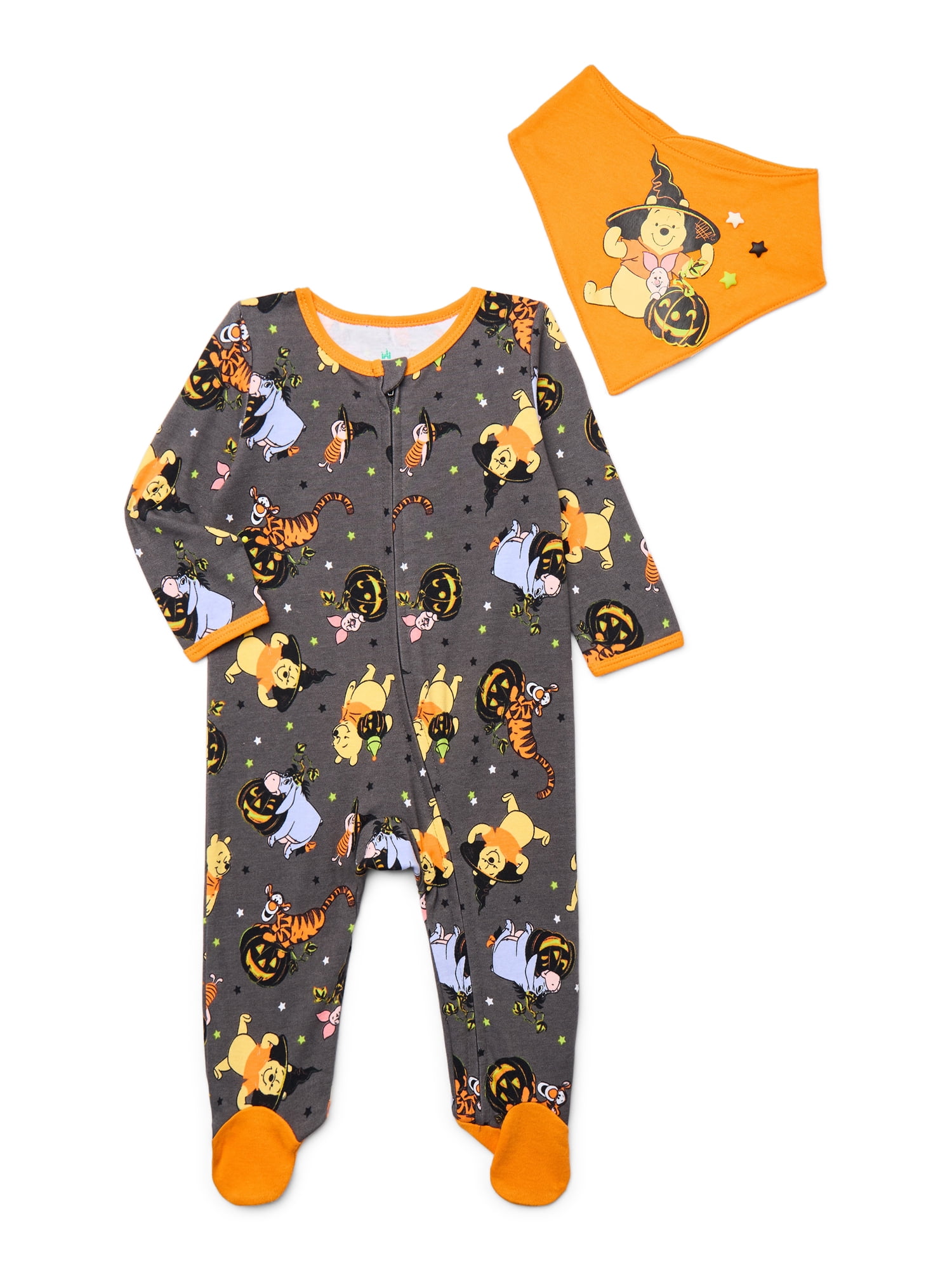 Halloween Winnie the Pooh Baby Boys or Girls Footed Sleep N Play Pajamas and Bib Set, 2-Piece, Sizes 0M-9M