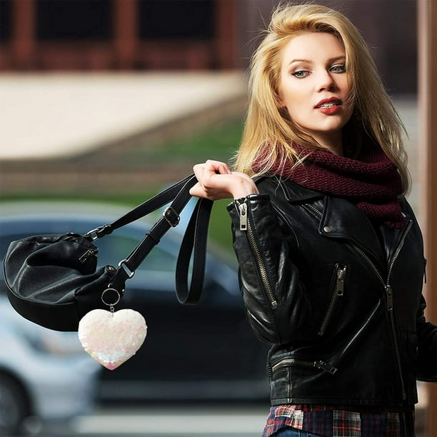 Llaveros para mujer, llavero de billetera, llavero de auto, llavero lindo, llavero en forma de corazón, llavero de lentejuelas reflectantes de doble cara, accesorios para bolsos, llavero de amor, acce