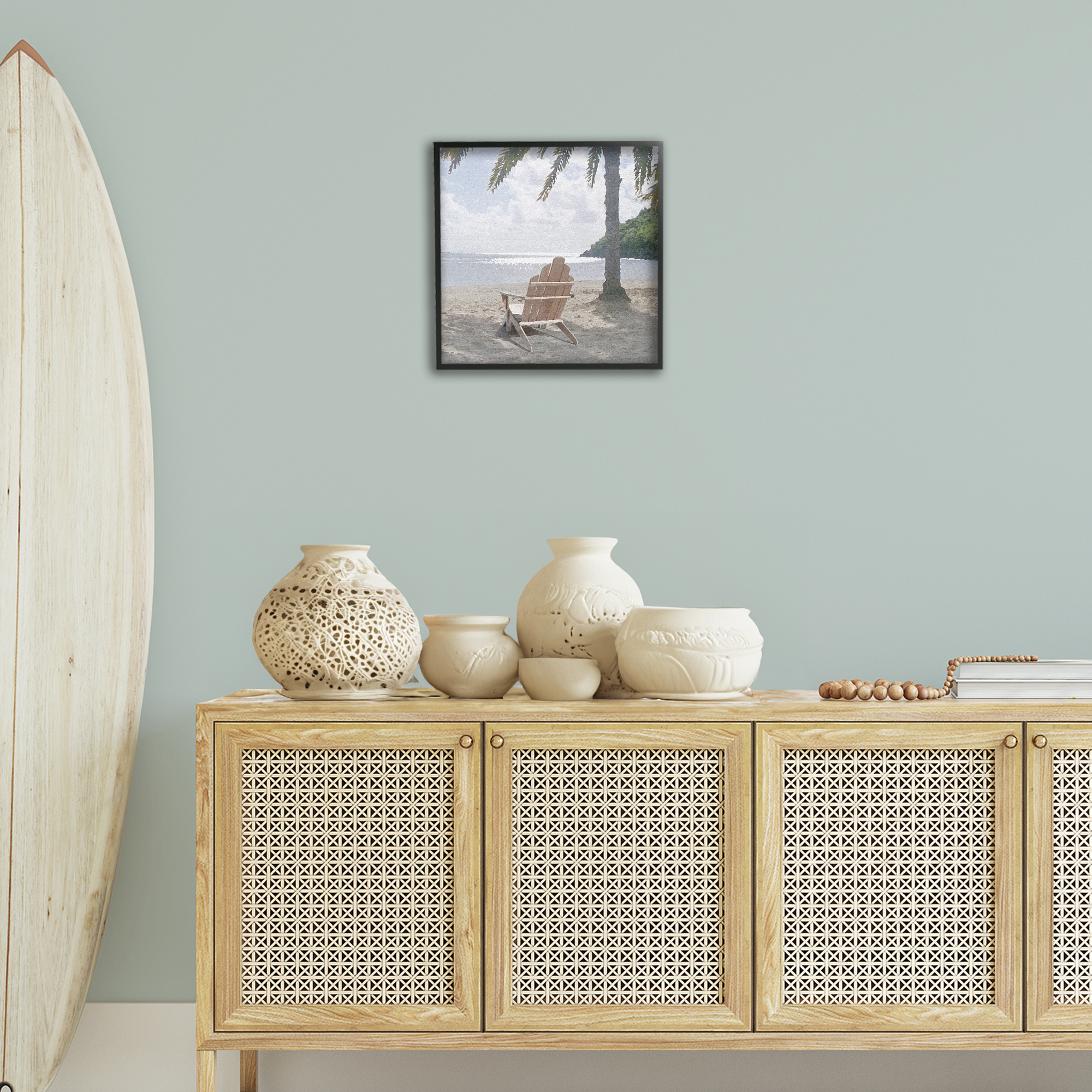 Stupell Industries Chair Under Palm Tree Coastal Photography Black Framed Art Print Wall Art, 17 x 17