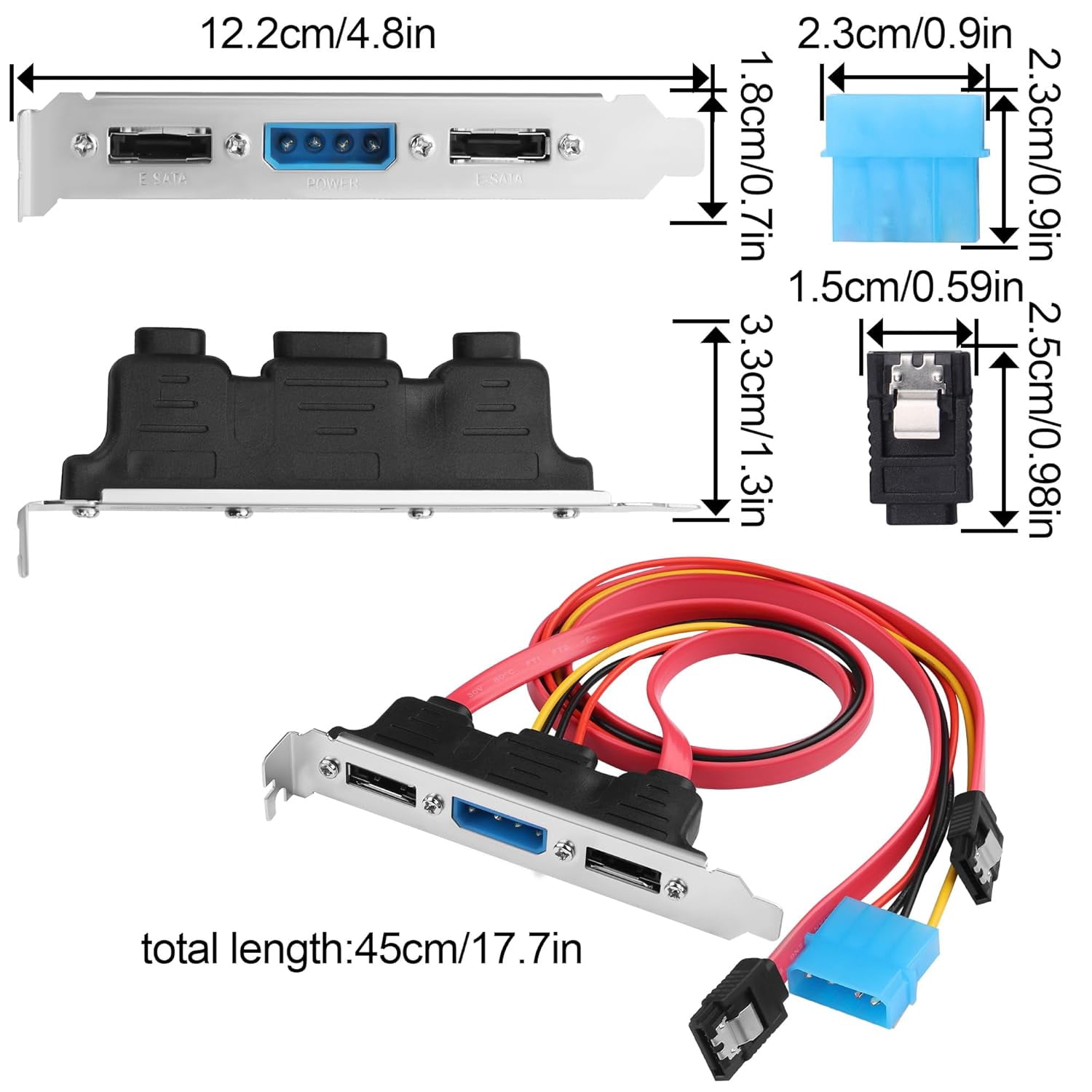 HRTGFD-Dual-Port eSATA Bracket, Desktop SATA to External eSATA Expansion, Middle Molex 4-Pin Power Connector, 2X SATA Cables + Power Cable 45cm, 6Gbps, Fits Standard PCIe Bracket Slot