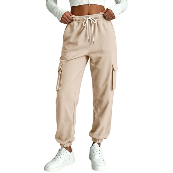LUGOGNE Womens Cargo Joggers High Waisted Baggy Sweatpants with Multi Pockets for Casual Daily Outdoor Khaki,M
