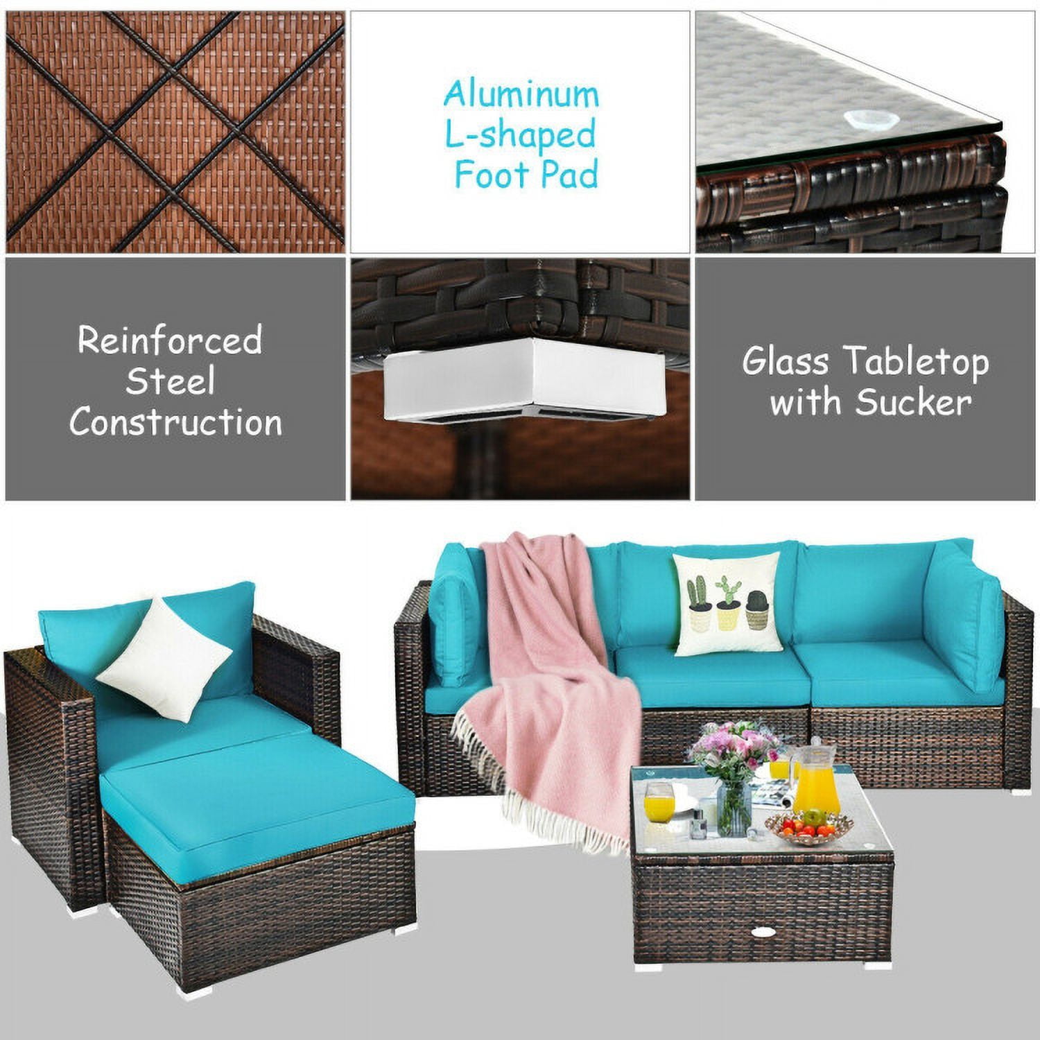 Aimee Lii 6 Pcs Patio Rattan Furniture Set with Sectional Cushion, Outdoor Deck Furniture, Turquoise