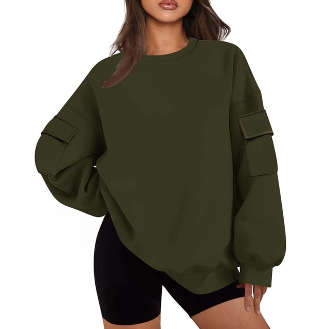 GigrtiJin Chandail en Molleton Femme Col Rond Couleur Unie Manches Longues Ample Mode Décontracté avec Poche
