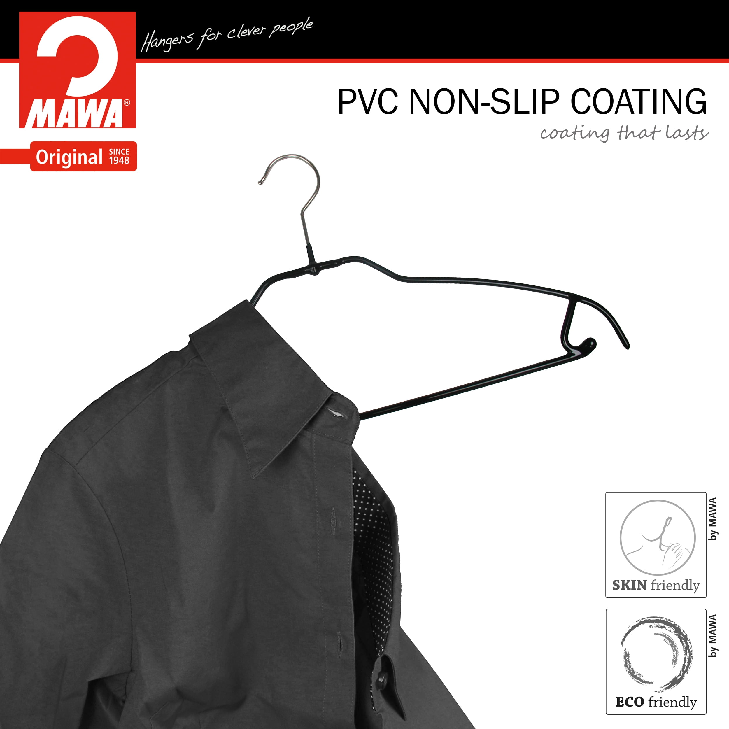 Mawa by Reston Lloyd Ultra Thin Silhouette Series Non-Slip Space Saving Hanger with Pant Bar/Skirt Hook, Style 42/FTU, Set of 10, Black