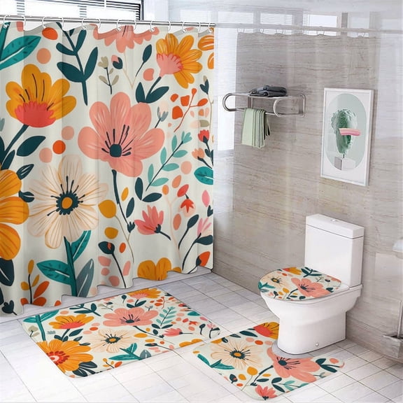 4 Piece Shower Curtain Sets Rug Toilet Lid Cover And Non-Slip U Shape Mat Colorful Floral Waterproof Shower Curtain Vintage Floral Decorative for Bathroom Decor