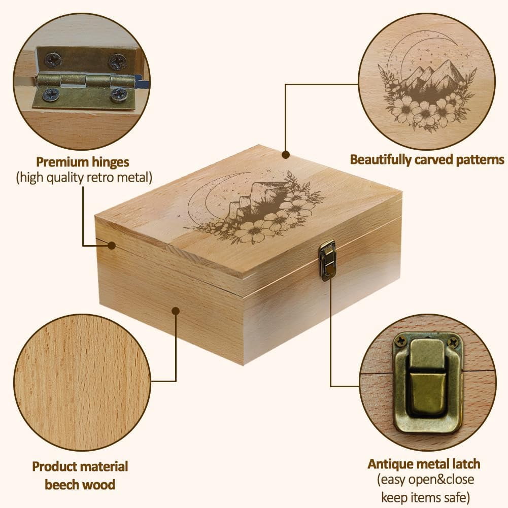 Moon Theme Wooden Memory Keepsake Box Stars Flowers Mountains Metal Knot Box with Hinged Lid and Lock Decorative Storage Box Stash Box for Photo Letter Souvenir Jewelry 7.6x9.6x4inch BurlyWood