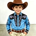 thumbnail image 2 of Likimi Toddler Girls Boys T Shirt Long Sleeved Cowboy Print Lapel Button Down Breathable Soft Tees Light Blue Size 8-9 Years, 2 of 4