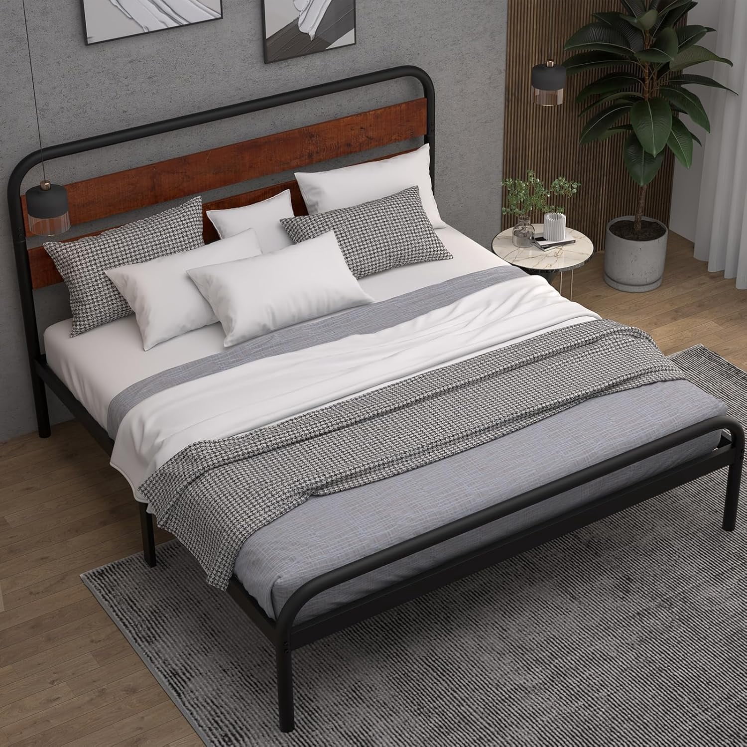 NEILA Sturdy King Size Bed Frame with Wooden Headboard and Metal Mattress Foundation, Spacious Under-Bed Storage, No Box Spring Required, Easy Assembly in Elegant Brown Finish
