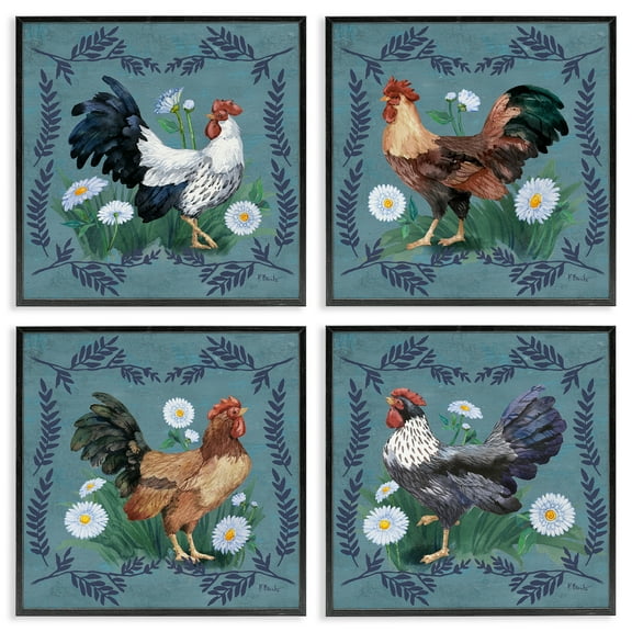 Stupell Industries Country Ferns & Roosters Animals Painting Black Framed Art Print Wall Art, 12 x 12, Set of 4