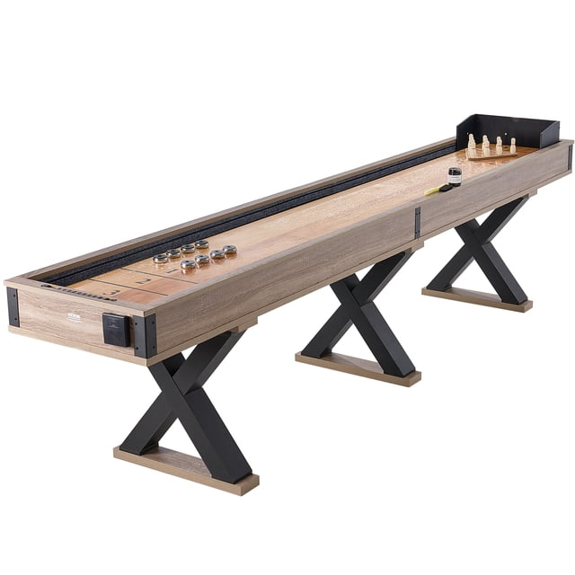 VEVOR 11.5 ft Shuffleboard Table with a 2-in-1 shuffleboard and bowling combo game set. Features a scratch-resistant poly-coated playfield for smooth puck movement, sturdy X-shaped MDF legs for stability, and thoughtful details like cup holders and built-in scoring. Includes accessories such as metal pucks, bowling pins, shuffleboard wax, and a brush. Ideal for game rooms, family gatherings, and recreational spaces.