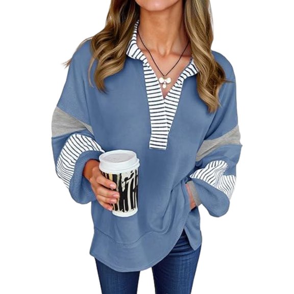 Women Color Block Sweatshirt Casual V Neck Long Sleeve Pullover Top