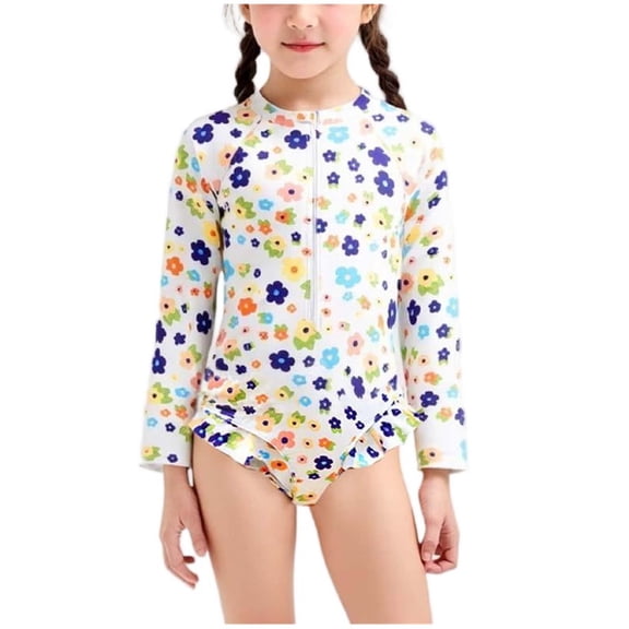 Bovxnpu Girls One Piece Swimsuit Girls Long Sleeve Crew Neck Sun Protection Graphic 1 Piece Swimwear (Baby & Toddler)