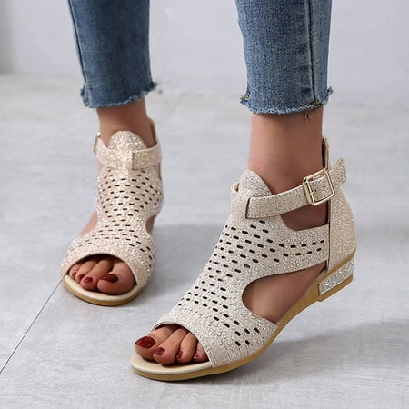 

Summer Saving Clearance! Tuobarr Women s Wedge Sandals Women s Summer Fashion Fish Mouth Rhinestone Hollow Out Sandals Back Zipper Sandals Beige 43