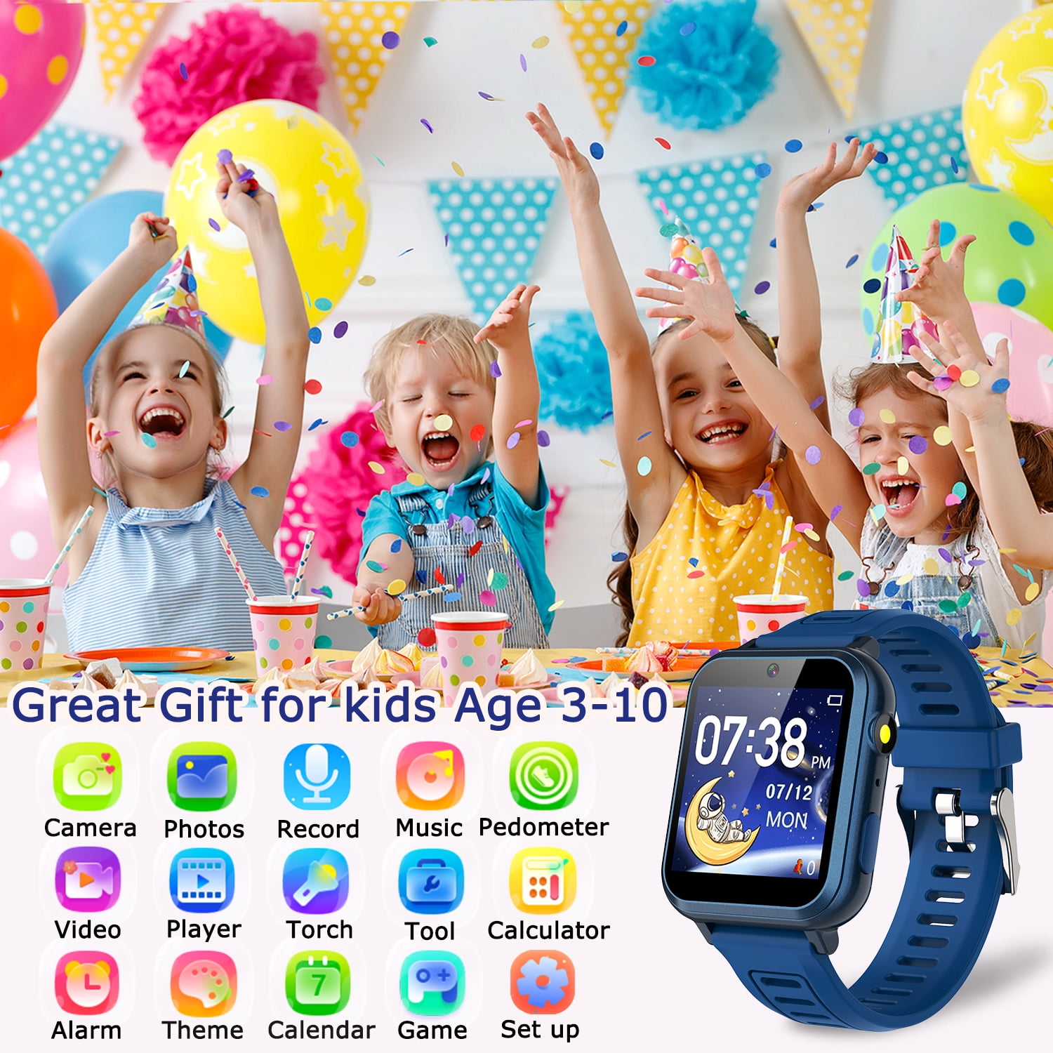 Vakzovy Kids Smart Watch with 24 Puzzle Games, HD Touch Screen, Camera, Music Player, Pedometer, Alarm, Gift for Boys 4-12