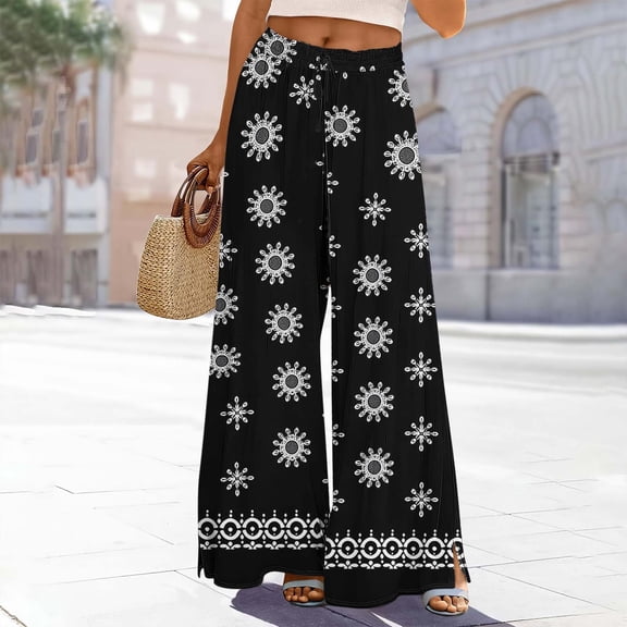 Bzdzmqm Women Plus Size High Waisted Palazzo Pants Flowy Floral Boho Lounge Trousers Vacation Beach Summer Casual Elastic Waist Wide Leg Trousers, Black 3XL