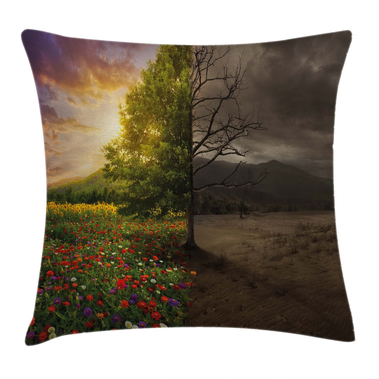 Nature Throw Pillow Cushion Cover, Mother Earth Contrast with Life and Death Theme Light Dark