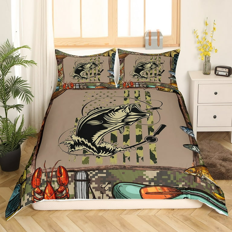 Fishing And Hunting Duvet Cover Camo American Flag Fishing Bedding Set Queen  For Teen Boys Men Fishermen,Rustic Big Bass Pike Fish Comforter  Cover,Farmhouse Cabin Quilt Cover With 2 Pillow Cases 