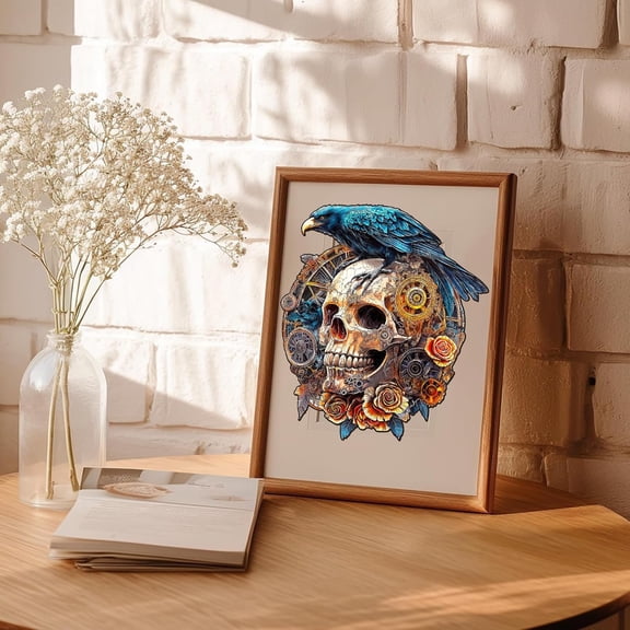 KAAYEE Wooden Puzzles for Adults, Raven & Mechanical Skull Wooden Jigsaw Puzzle 355 PCS  Shape Wood Puzzles Adult, 3D Visual Effect Flat Puzzle Birthday Gifts Family Games (XL-17.3 * 15.4in)