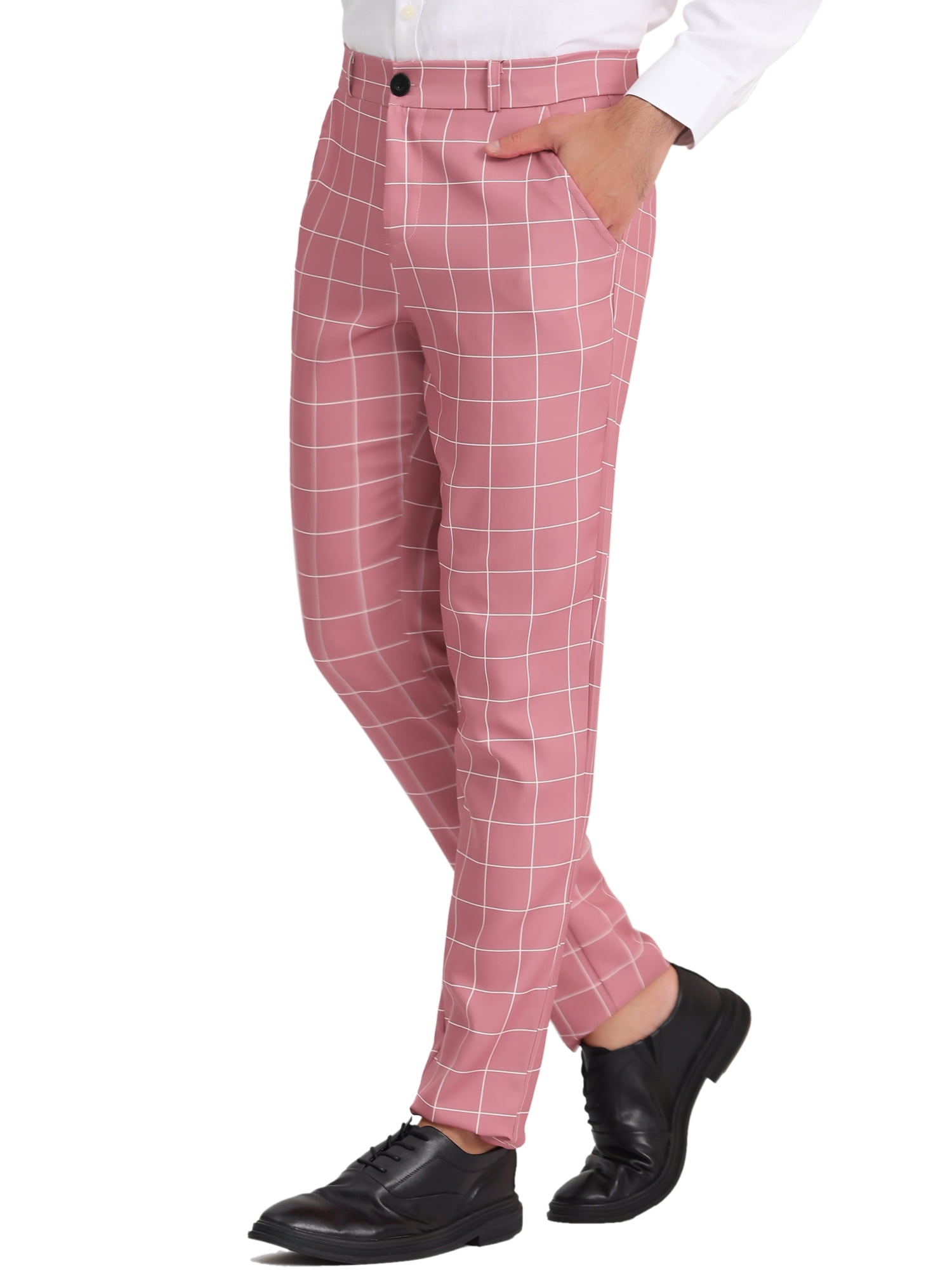 Unique Bargains Men's Plaid Printed Straight Leg Business Casual Checked Pants 30 Pink White