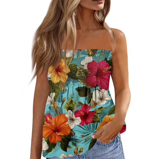 OIOLOYJM Womens Tube Top Summer Cute Strapless Palm Tree Peplum Top Backless Vacation Flowy Party Clothes Cyan 2XL