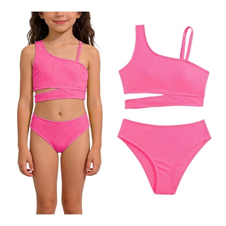 Girl Two Piece Swimsuits Cutout Girls Swim Suits with Chest Pad Bathing Suit Girls Size 11-12 Years