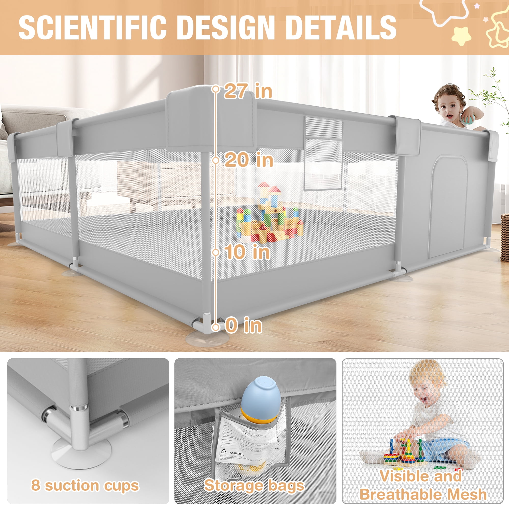 Babyeap Baby Playpen With Mat,50"x50"Play Pen for Babies and Toddlers,Play Yard With Gate for Indoor Outdoor,Light Gray