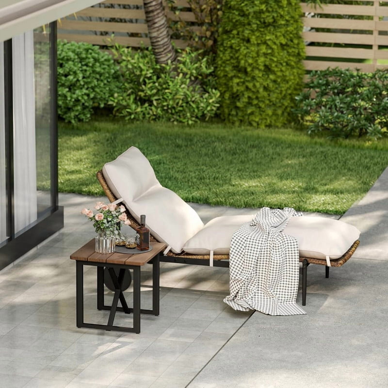 2-Piece Outdoor Poolside Chaise Lounge Sets with Side Table, Patio Rattan Lounge Chair with Cushion