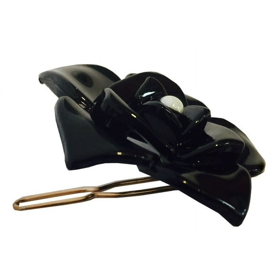 Parcelona French Flower Black with Pearl Celluloid Side Slide Barrette Snap Pin