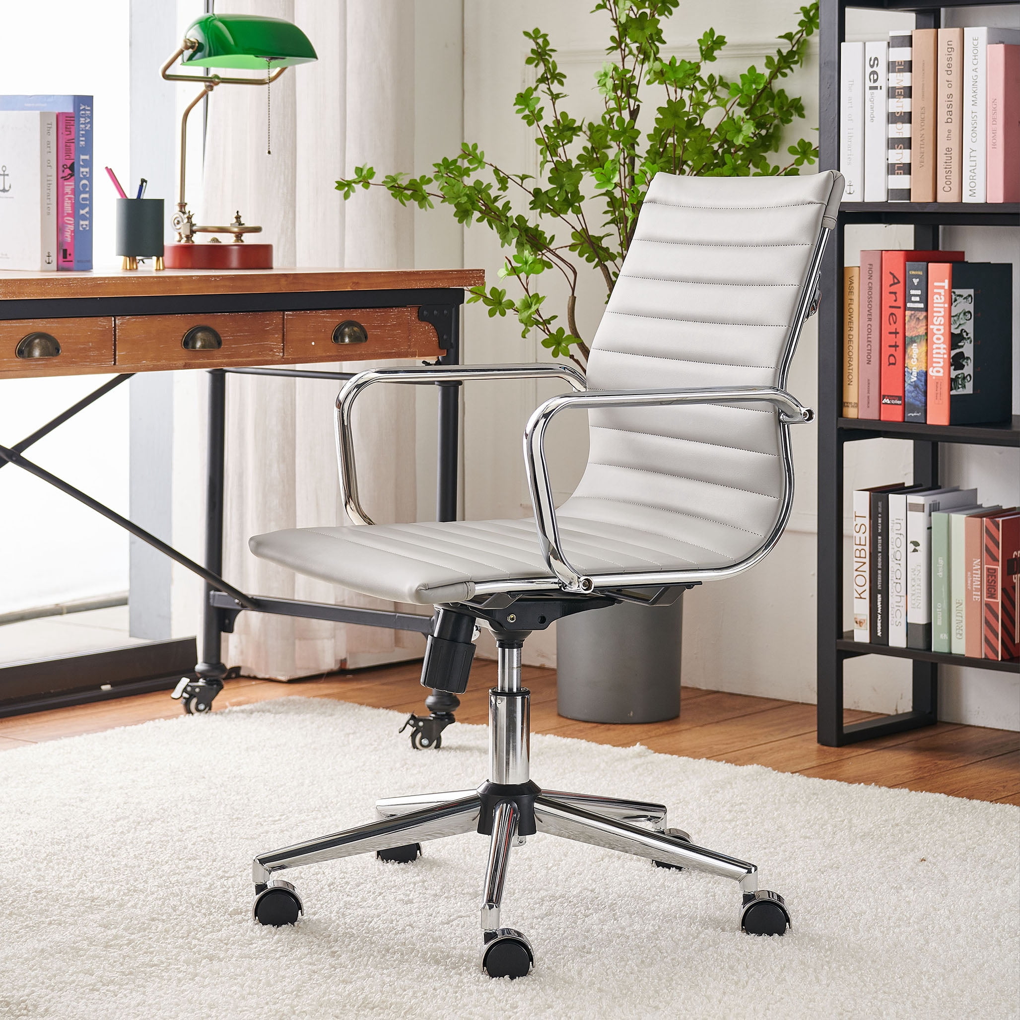 LUXMOD Mid Back Home Office Desk Chair Task Chair with Armrest Swivel Chair in Durable Vegan Leather Ergonomic Desk Chair for Extra Back and Lumbar Support Conference Room Chair