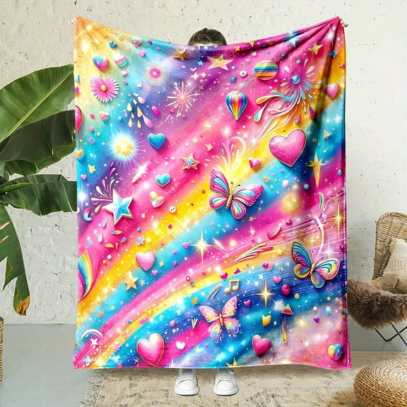 Cozy Rainbow Butterfly & Heart Print Flannel Blanket – Soft, Reversible Throw for Bed, Sofa, Office, or Car – All-Season Gift with Vibrant 3D Digital Design