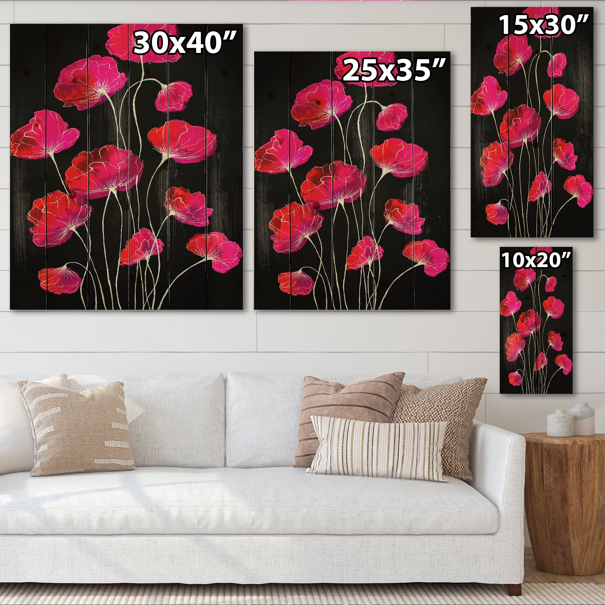 Designart 'Abstract Red Flower Detail On Black Background III' Traditional Print on Natural Pine Wood